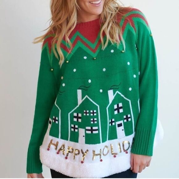 UGLY CHRISTMAS TREE SKIRT SWING SWEATER HAPPY HOLIDAYS SEQUINS WITH BELLS M NWOT - Picture 4 of 8